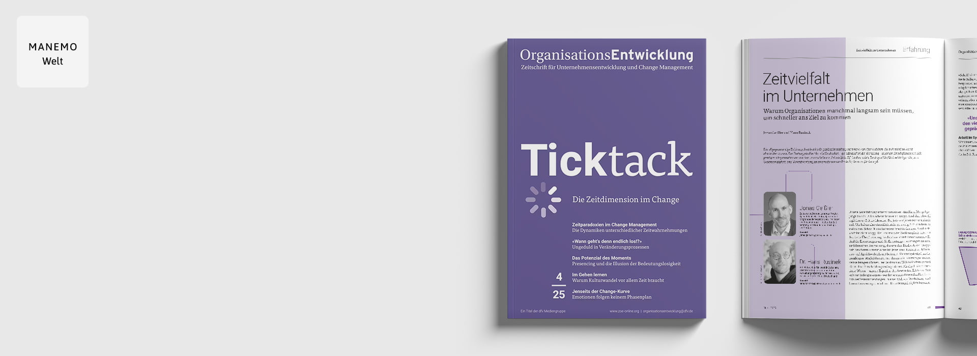 Abbildung des Magazins "OrganisationsEntwicklung – Zeitschrift für Unternehmensentwicklung und Change Management" (Ausgabe 4/25), darin ein Artikel "Zeitvielfalt im Unternehmen" von Jonas Geissler (MANEMO) und Dr. Hans Rusinek